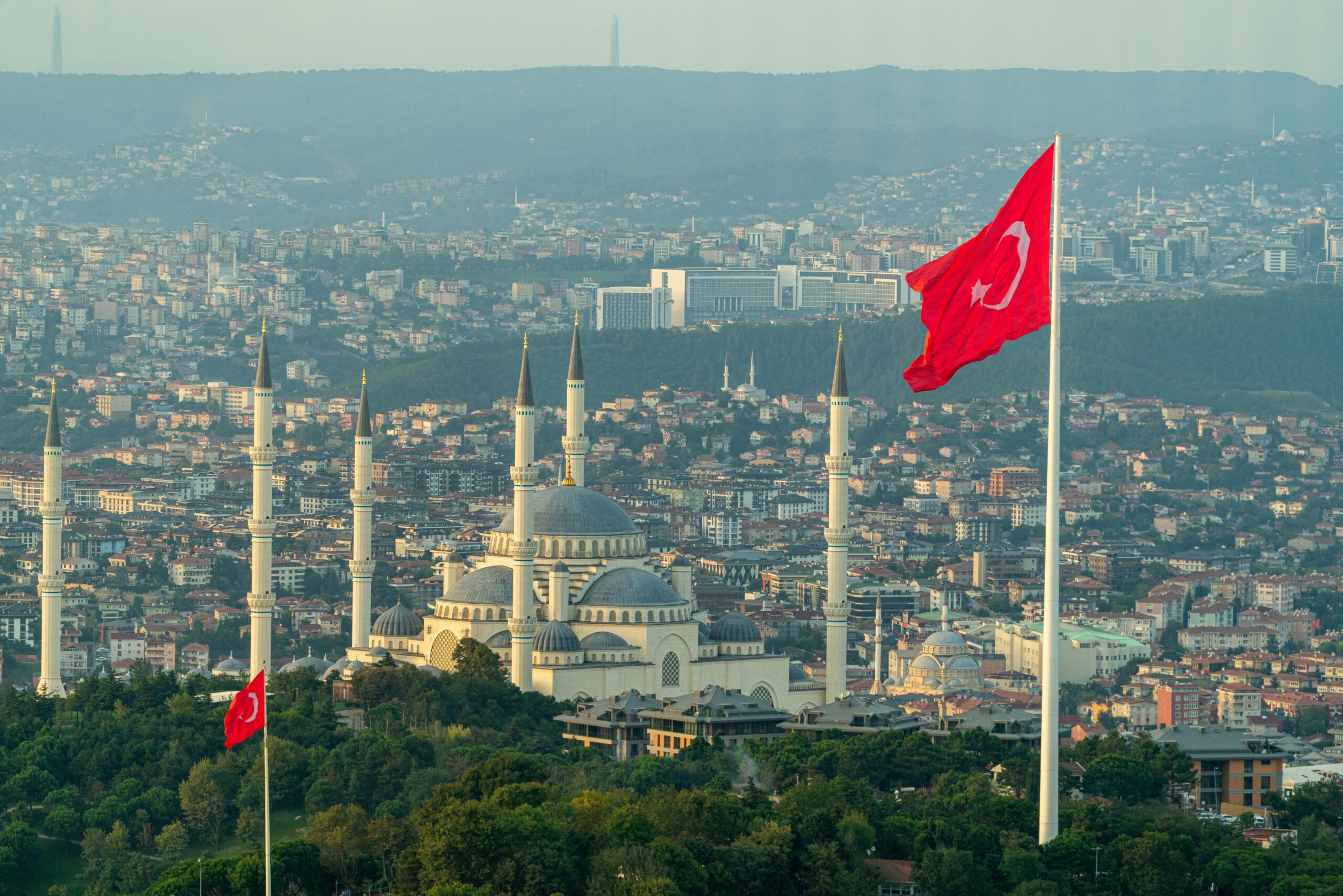cozy-place Aerial view of the Camlica Mosque and Turkish flags in Istanbul, offering stunning cityscape vistas.