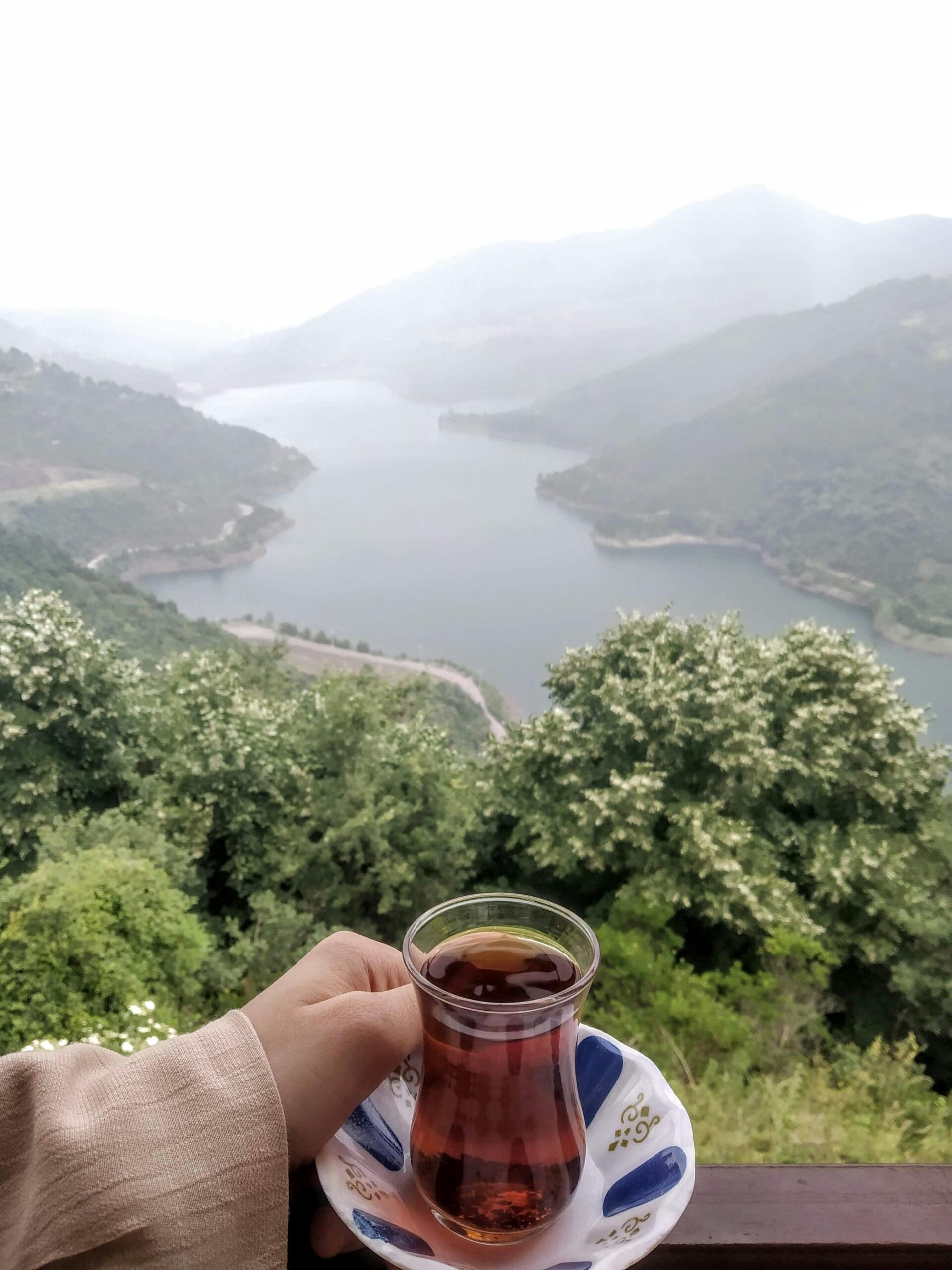 Relaxing moment with Turkish tea and a breathtaking view of a lake and mountains from Maşukiye, Kocaeli.