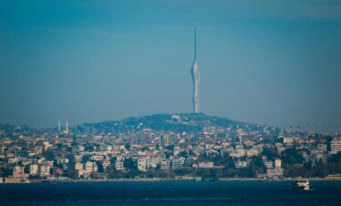 Expansive view of Istanbul cityscape with Camlica Tower rising prominently against the blue sky.