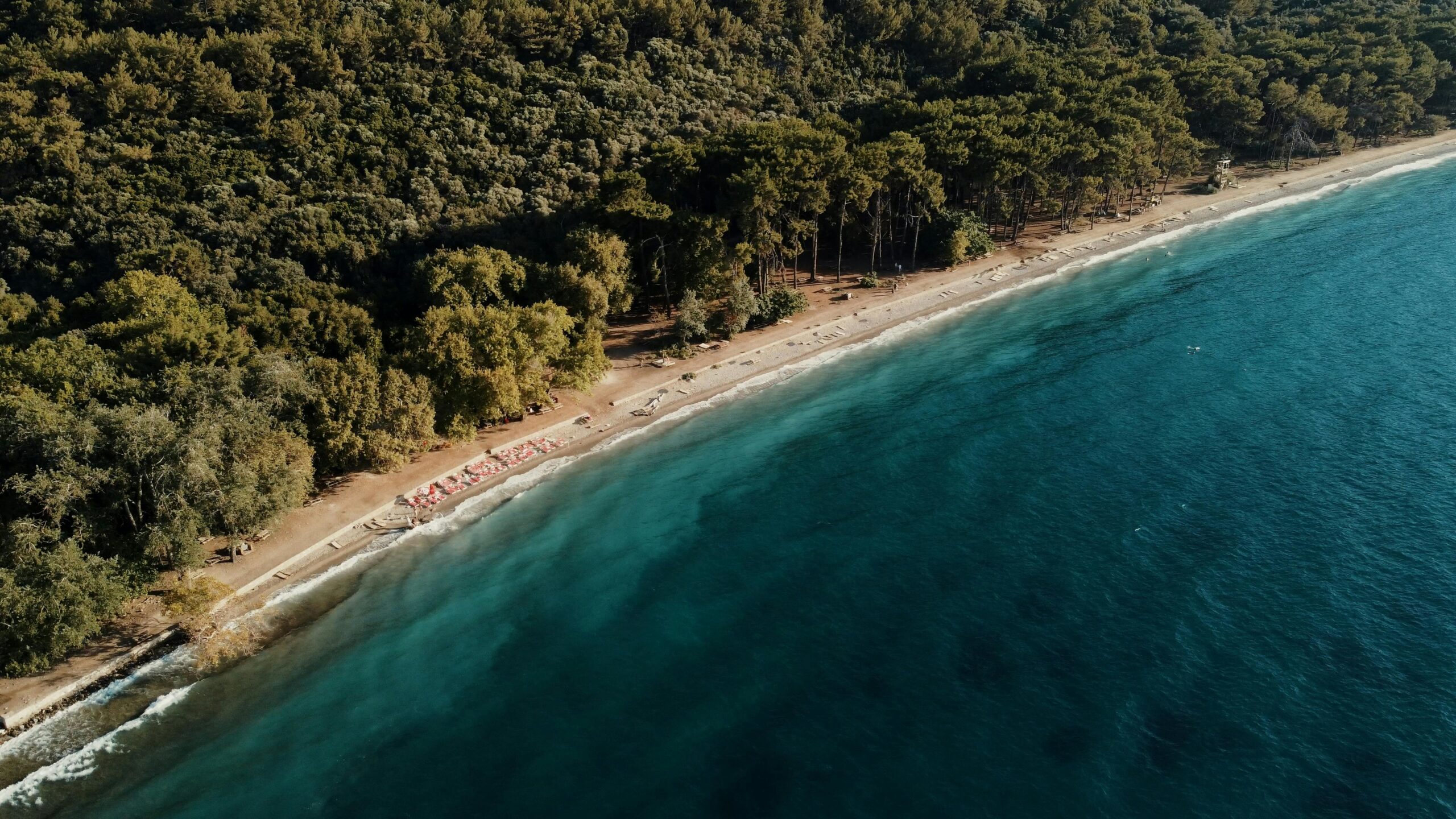 Aerial view of a beautiful beach in Kuşadası, Türkiye, showcasing turquoise waters and lush forest.