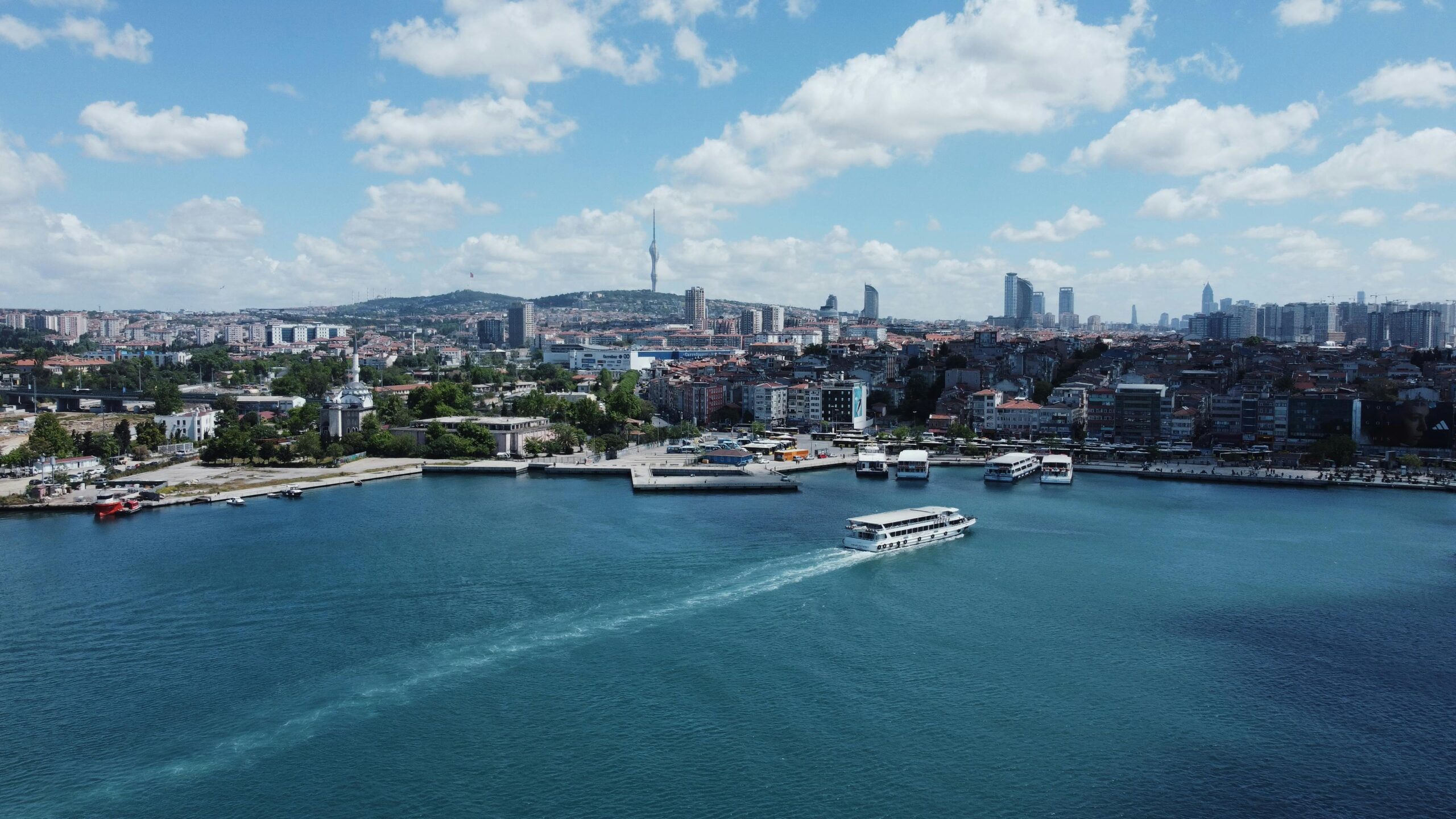 A breathtaking aerial view of Istanbul's bustling Kadikoy district with clear blue waters and picturesque skyline.
